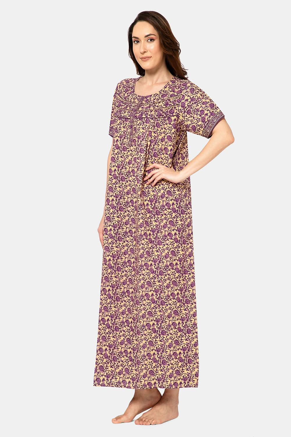 Naidu Hall  Women's A-Line Nighty with Round Neck, Front Opening, Half Sleeves, and Lace Detailing  - Purple - NA12