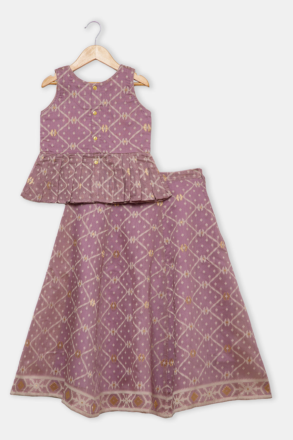 Chittythalli Girls’ Ethnic Pavadai Set – Chanderi Jamdani Peplum Top with Criss-Cross Cording & Kali Skirt | Traditional Festive Wear for Girls - PS91