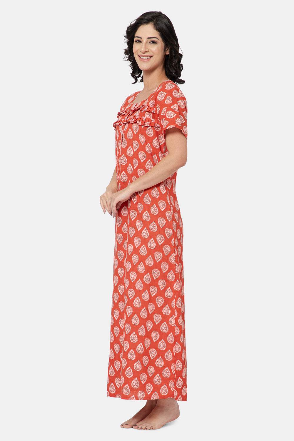 Naidu Hall Women's Printed A-Line Nighty with Square Neck and Ruffle Detailing - Red - N102 - Naidu Hall Family Store