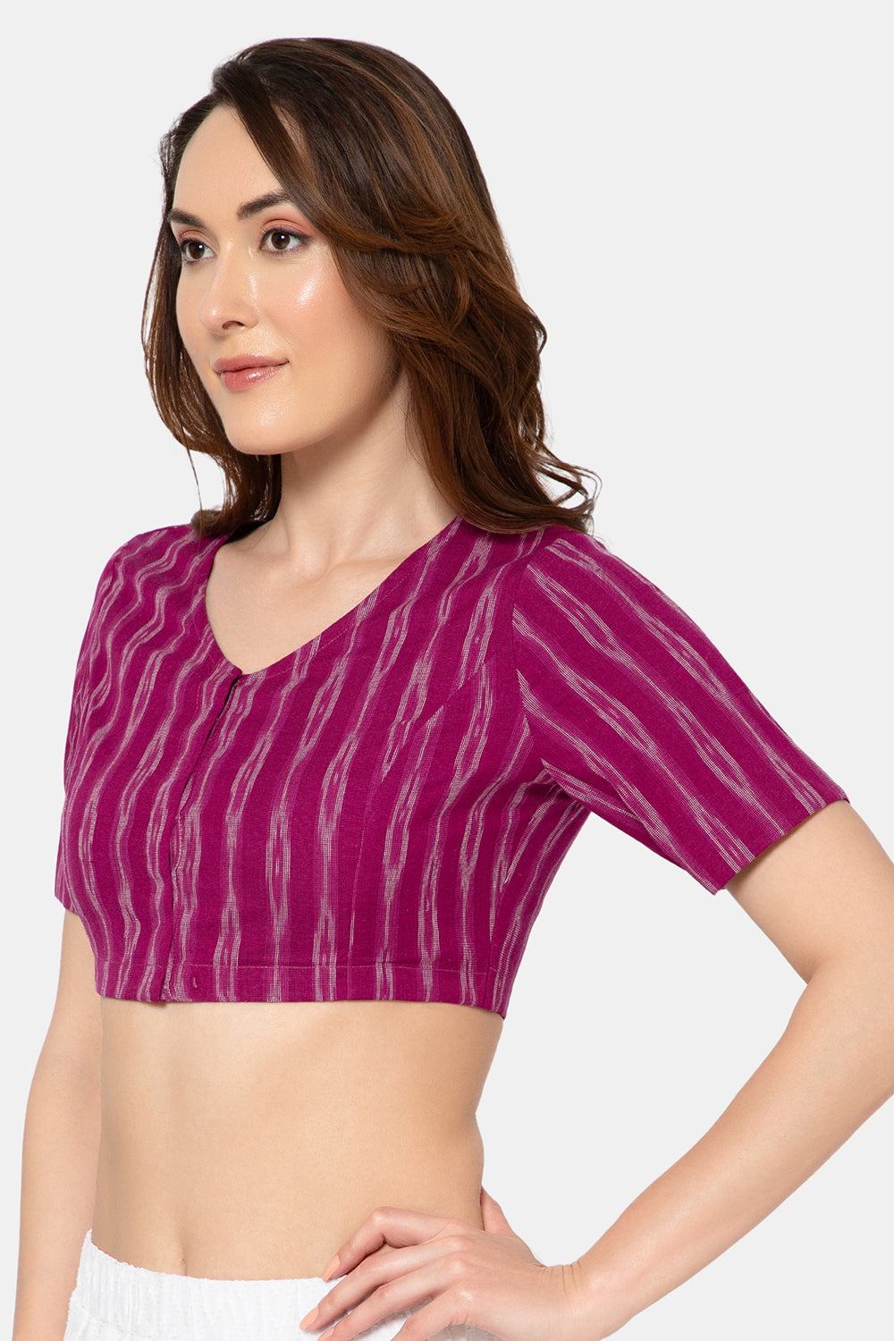 Naidu Hall Women’s Designer Cotton Ikat Blouse V-Neck Front Open with Elbow Sleeves - Purple - BU16