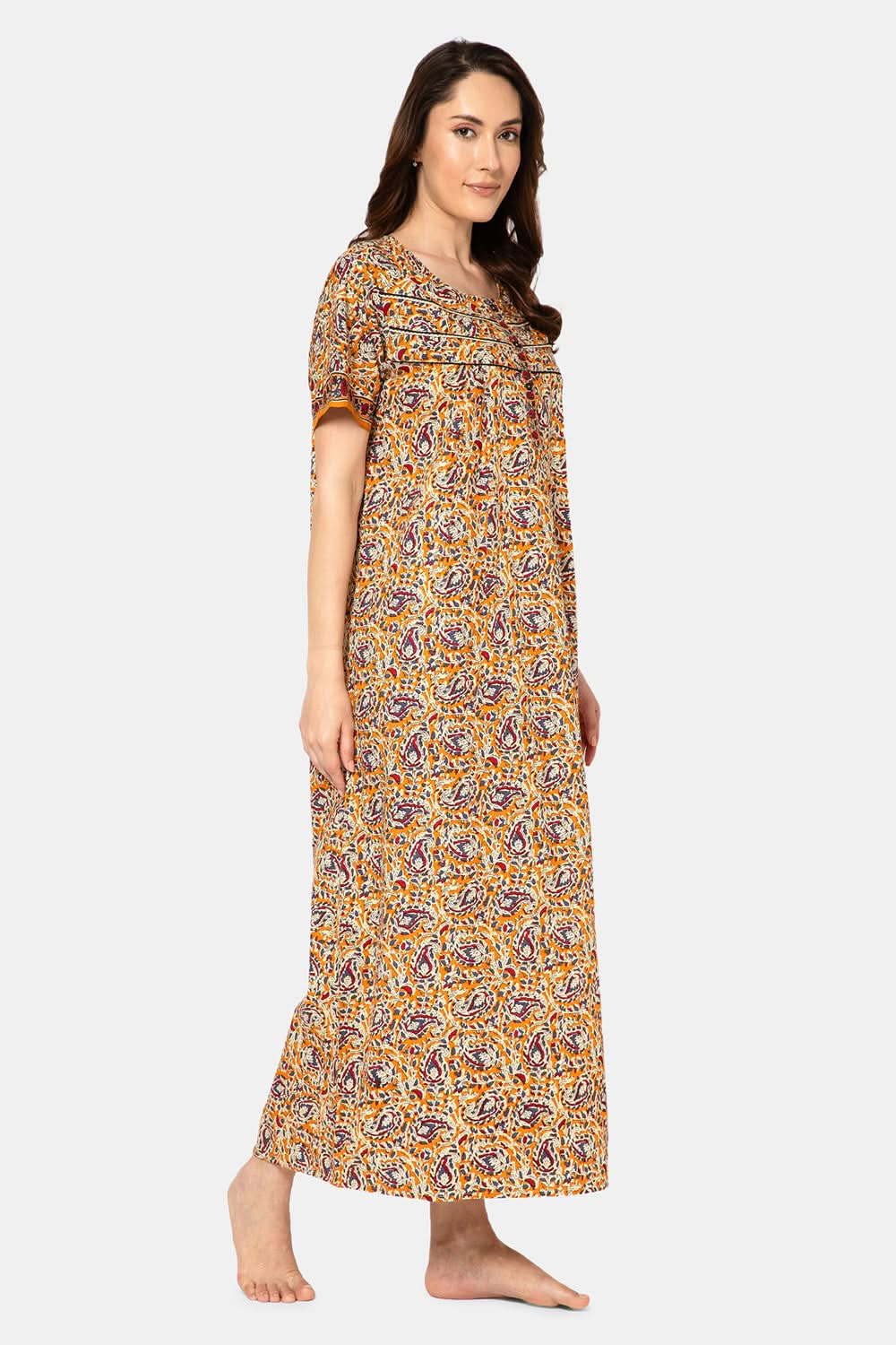 Naidu Hall  Women's A-Line Nighty with Round Neck, Front Opening, Half Sleeves, and Lace Detailing  - Yellow - NA14