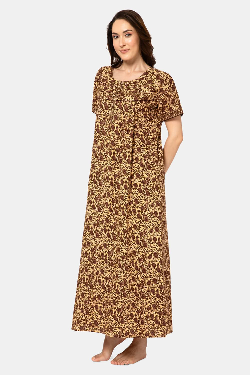 Naidu Hall  Women's A-Line Nighty with Round Neck, Front Opening, Half Sleeves, and Lace Detailing  - Brown - NA12