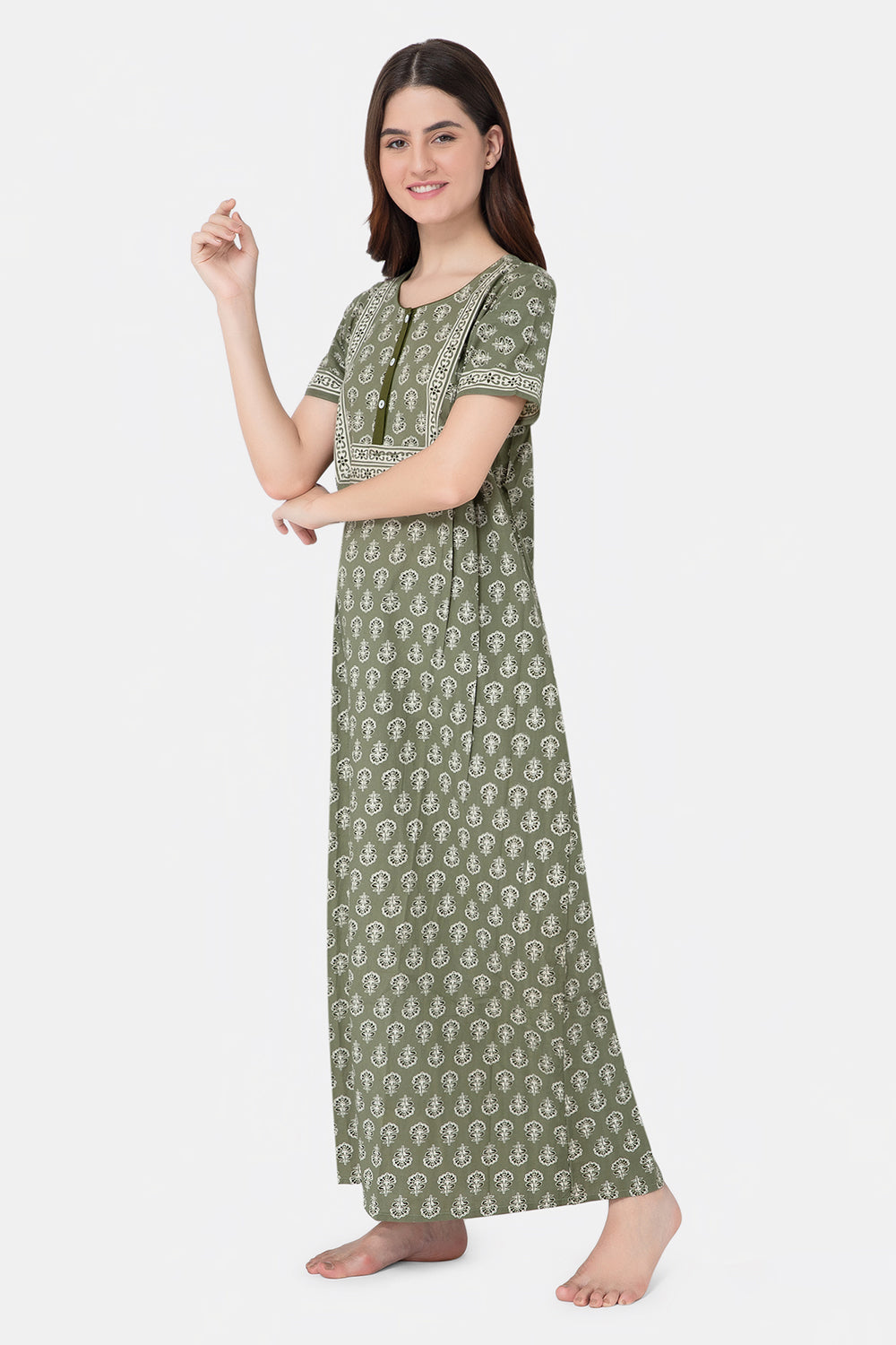 Naidu Hall Round Neck Half Sleeve Front Button Open Nighty - Green - NT02