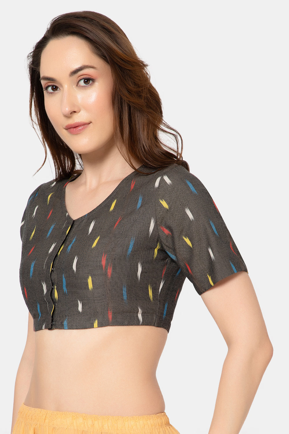 Naidu Hall Women’s Designer Cotton Ikat Blouse V-Neck Front Open with Elbow Sleeves - Black Print 1 - BU16