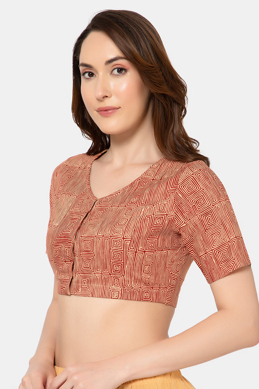 Naidu Hall Women’s Designer Cotton Ikat Blouse V-Neck Front Open with Elbow Sleeves - Red - BU16