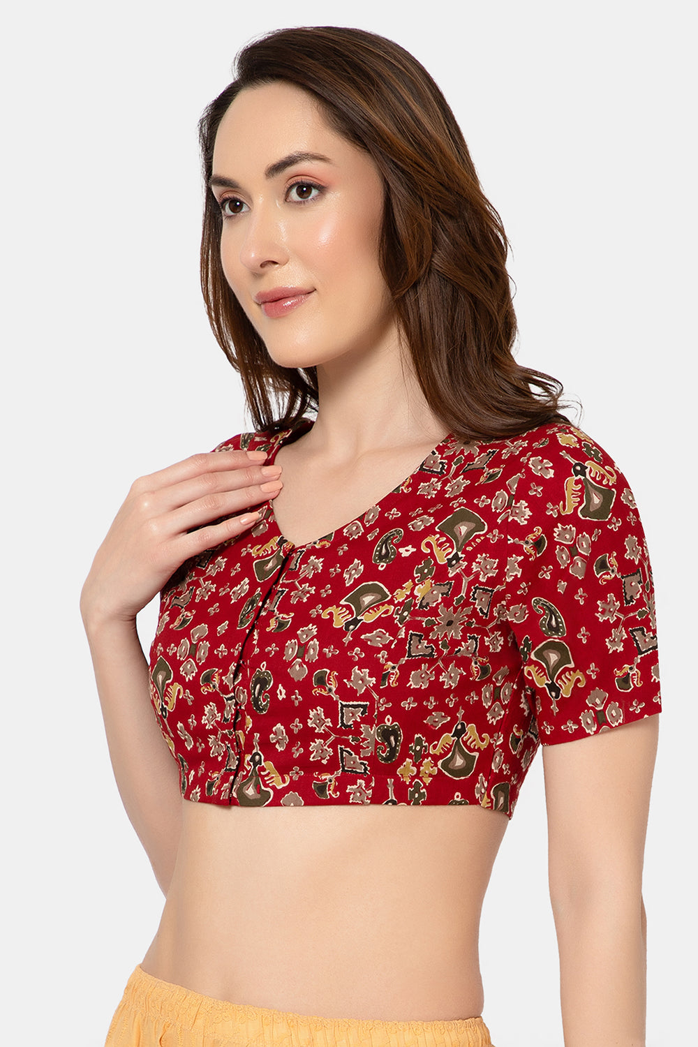 Naidu Hall Women’s Designer Cotton Ikat Blouse V-Neck Front Open with Elbow Sleeves - Red - BU16
