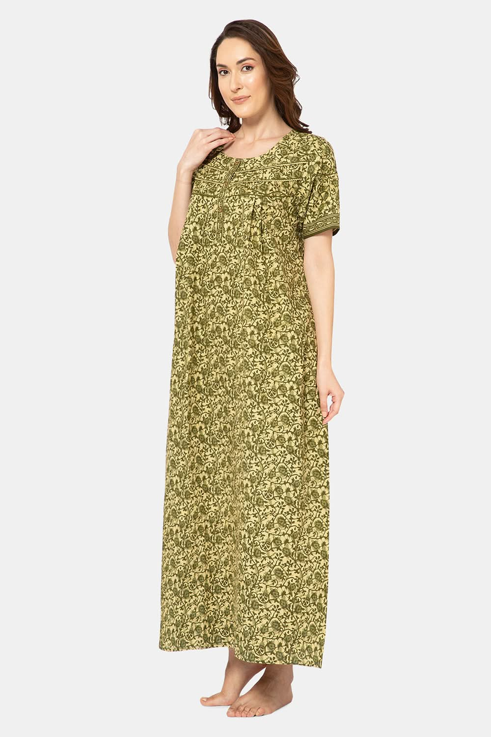 Naidu Hall  Women's A-Line Nighty with Round Neck, Front Opening, Half Sleeves, and Lace Detailing  - Green - NA12