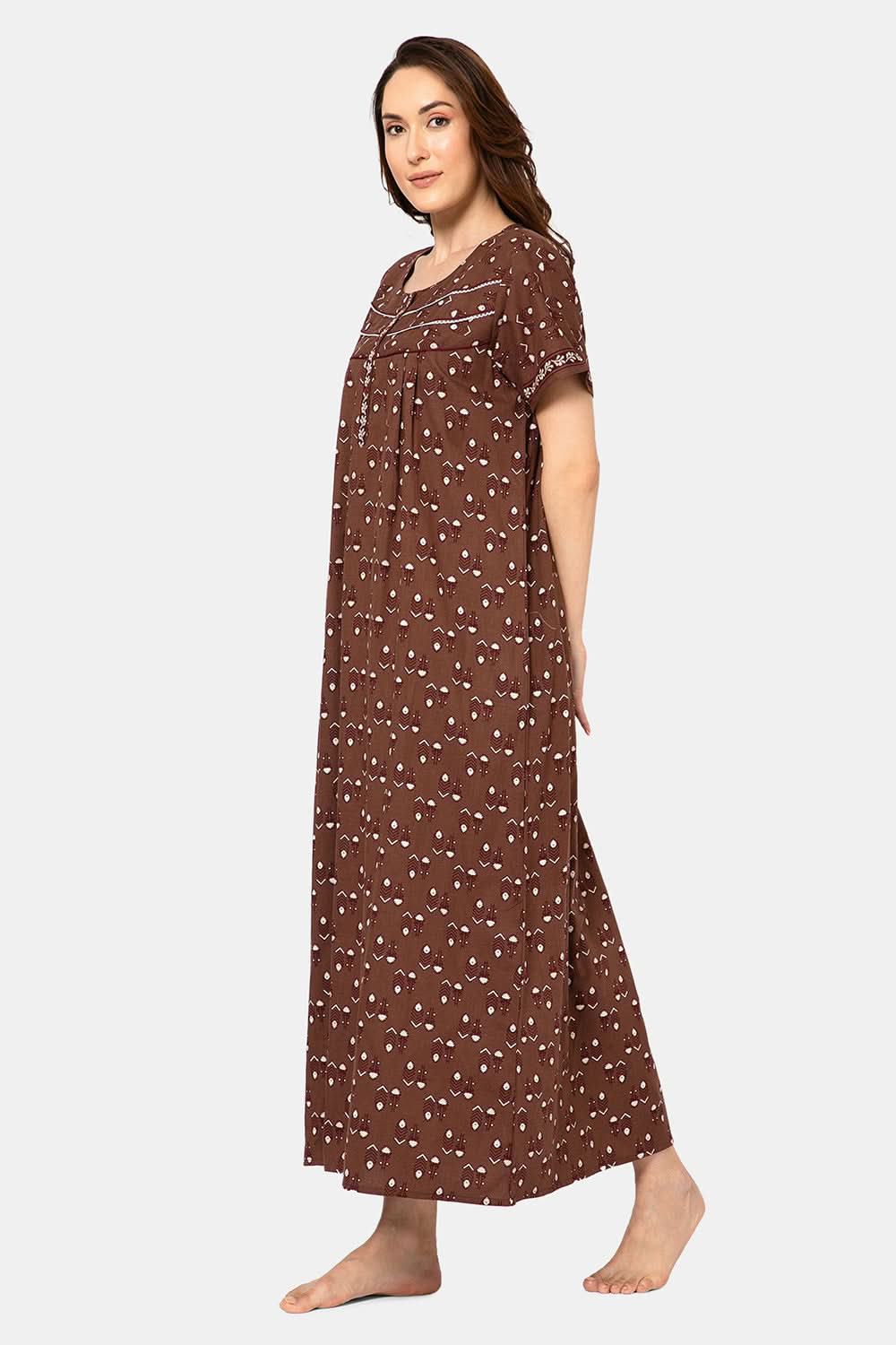 Naidu Hall  Women's A-Line Nighty with Round Neck, Front Opening, Half Sleeves, and Lace Detailing  - Brown - NA13