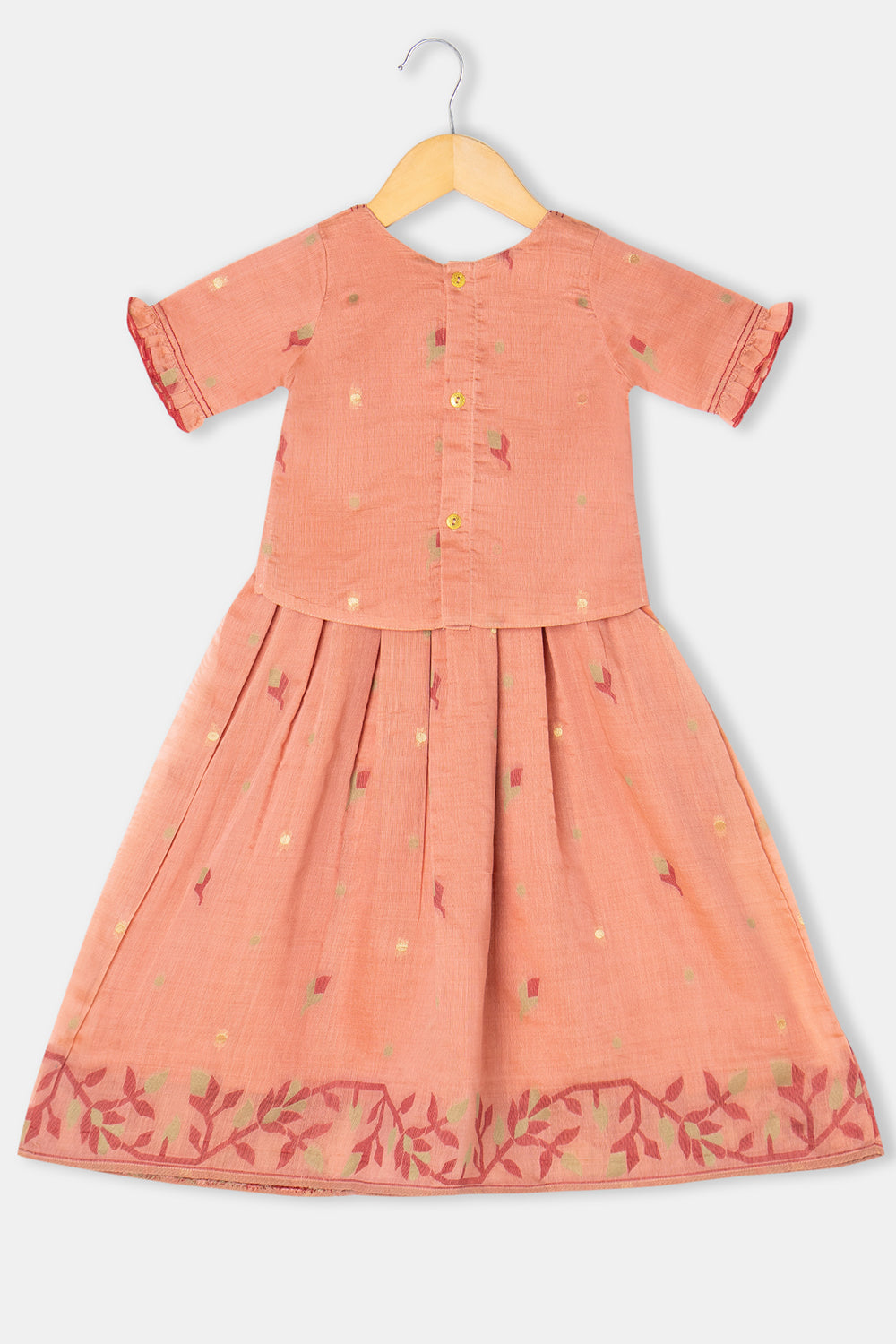 Chittythalli Girls Pavadai Set Cotton Blend with Sweetheart Neckline & Box Pleat Skirt- Peach - PS75