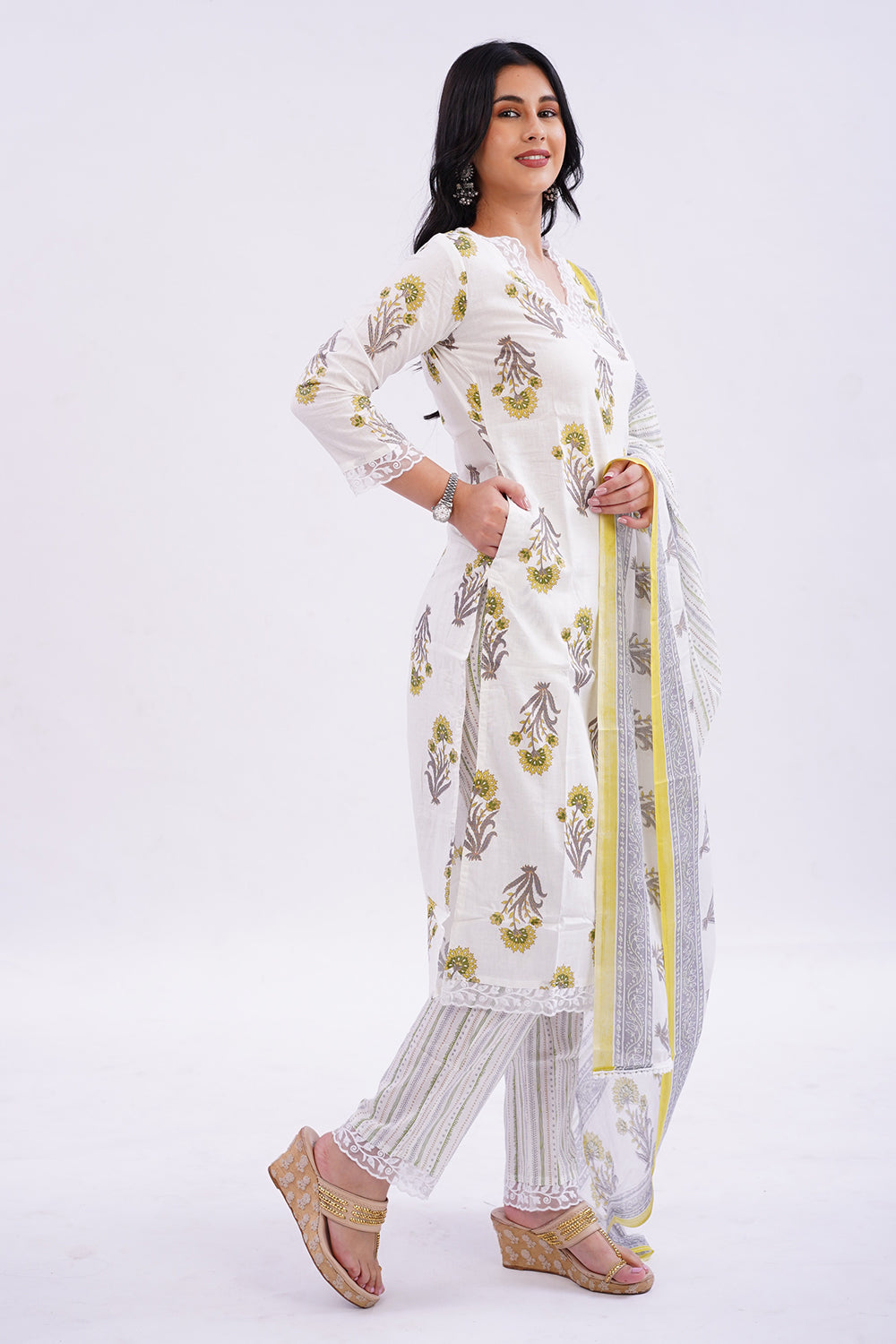 Mythri V-Neck with 3/4 Sleeves Salwar Set - Off-White - SS06