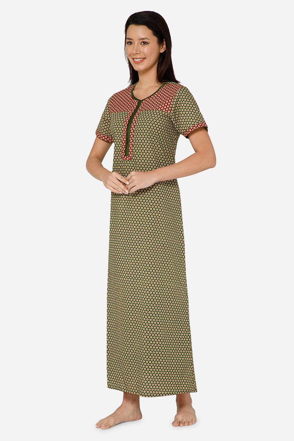 Naidu Hall A-line Front Open Women's Nighty Full Length Half Sleeve  - Green - R125