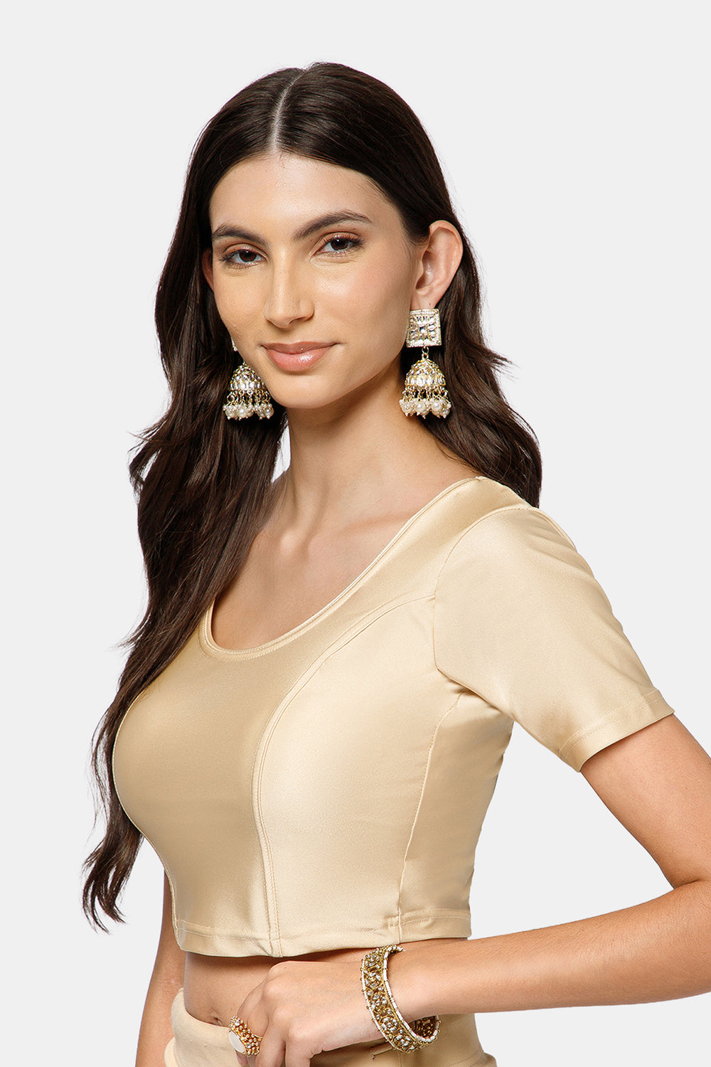 Naidu Hall Women’s Shimmer Knitted Saree Blouse | Silk Blend Round Neck Short Sleeve Ready to Wear Blouse | Regular Fit Solid Stretch Blouse for Sarees - Pista Shimmer