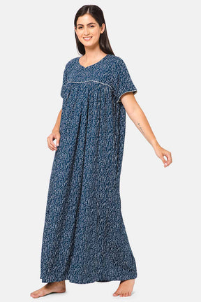 Naidu Hall Round Neck Short Sleeve Printed Nighty  - NT16 - Blue