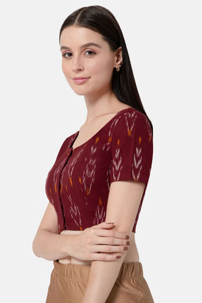 Naiduhall Princess Cut Round Neck Short Sleeve Ikat Blouse - Maroon - BU10