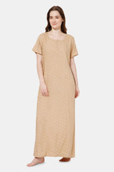 Naidu Hall Front Open Printed Nighty with Square Round Neck - Beige - NT33