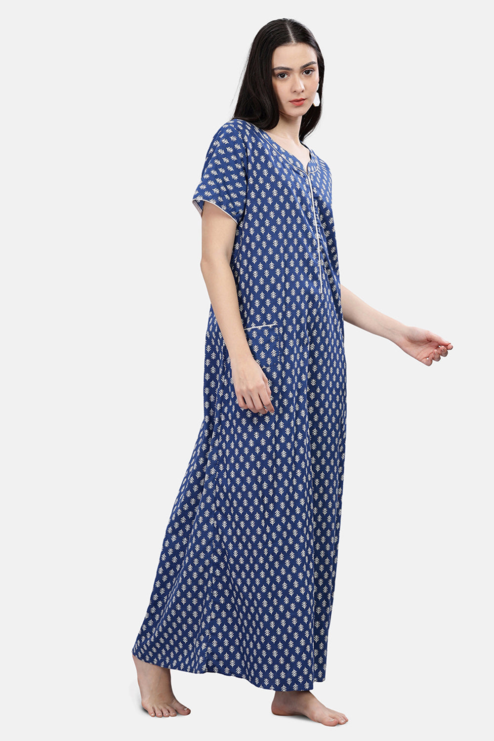 Naidu Hall  Round Neck Short Sleeve Printed Nighty - Blue - NT70