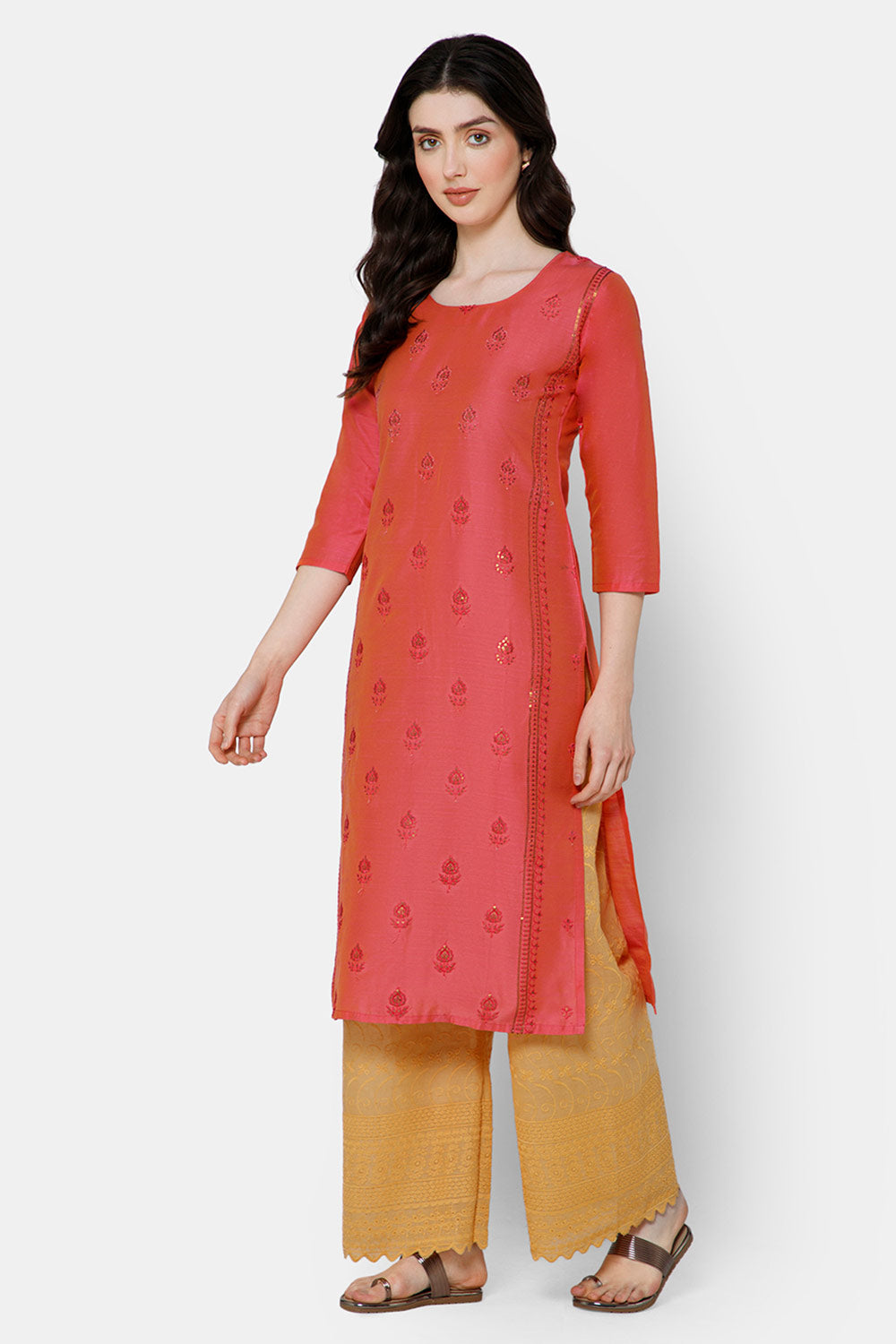 Mythri Women's Ethnic wear with Sequins Embroidery - Peach - E039