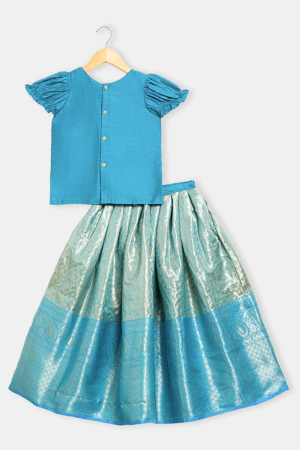 Chittythalli Girls’ Asymmetric Neck Pavadai Set – Brocade Skirt & Cotton Top - Blue - PS50
