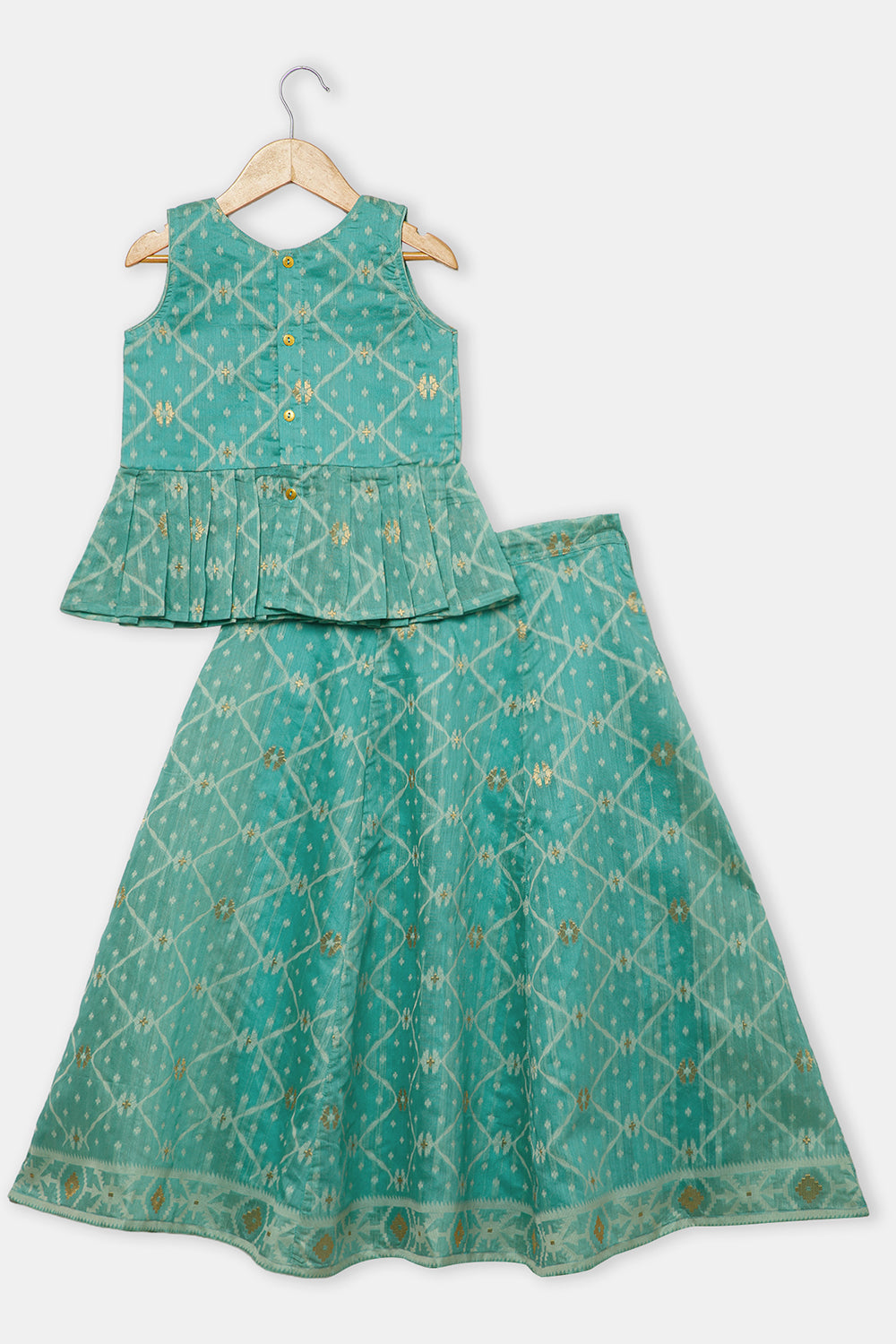 Chittythalli Girls’ Ethnic Pavadai Set – Chanderi Jamdani Peplum Top with Criss-Cross Cording & Kali Skirt | Traditional Festive Wear for Girls - PS91