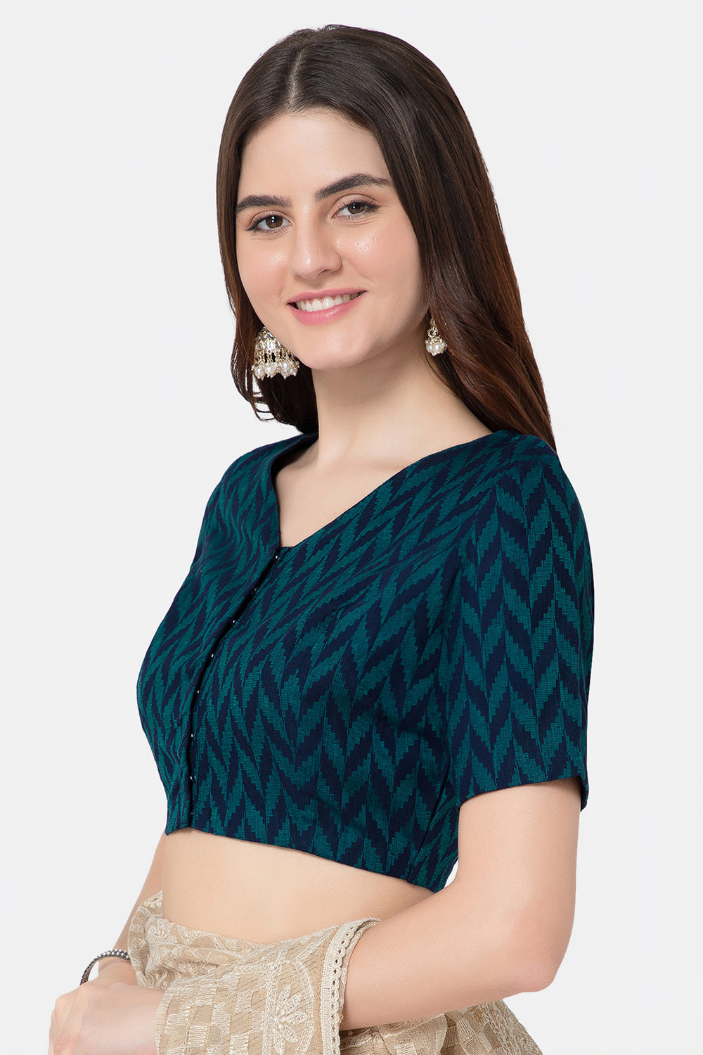 Naidu Hall V Neck Princess Cut Elbow Sleeve Front Open Jacquard1 Saree Blouse - Teal Green - BU13