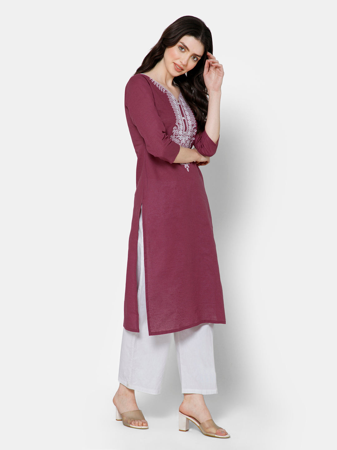 Mythri Women's Casual Kurthi with Elaborately Embroidered Neckline - Mauve - E026