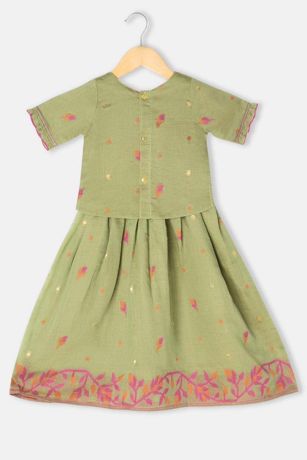 Chittythalli Girls Pavadai Set Cotton Blend with Sweetheart Neckline & Box Pleat Skirt- Light Green - PS75