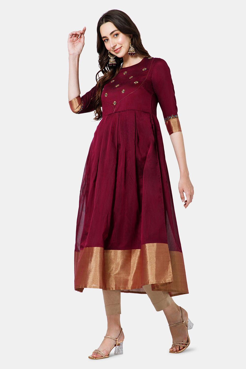 Mythri Women's Ethnic Wear Round Neck Anarkali dress with 3/4 sleeve - Purple - KU49