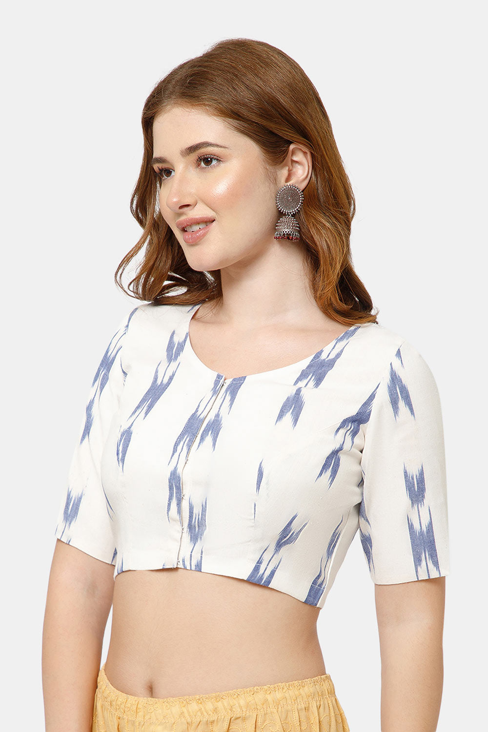 Naidu Hall Women’s Cotton Blouse | Woven U-Neck Ethnic Blouse with Elbow Sleeves & Front Closure - White Blue - BU17