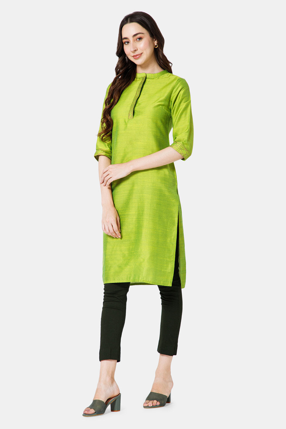 Mythri Women's Ethnic Wear Mandarin collar 3/4 sleeve straight cut Kurti - Green - KU43