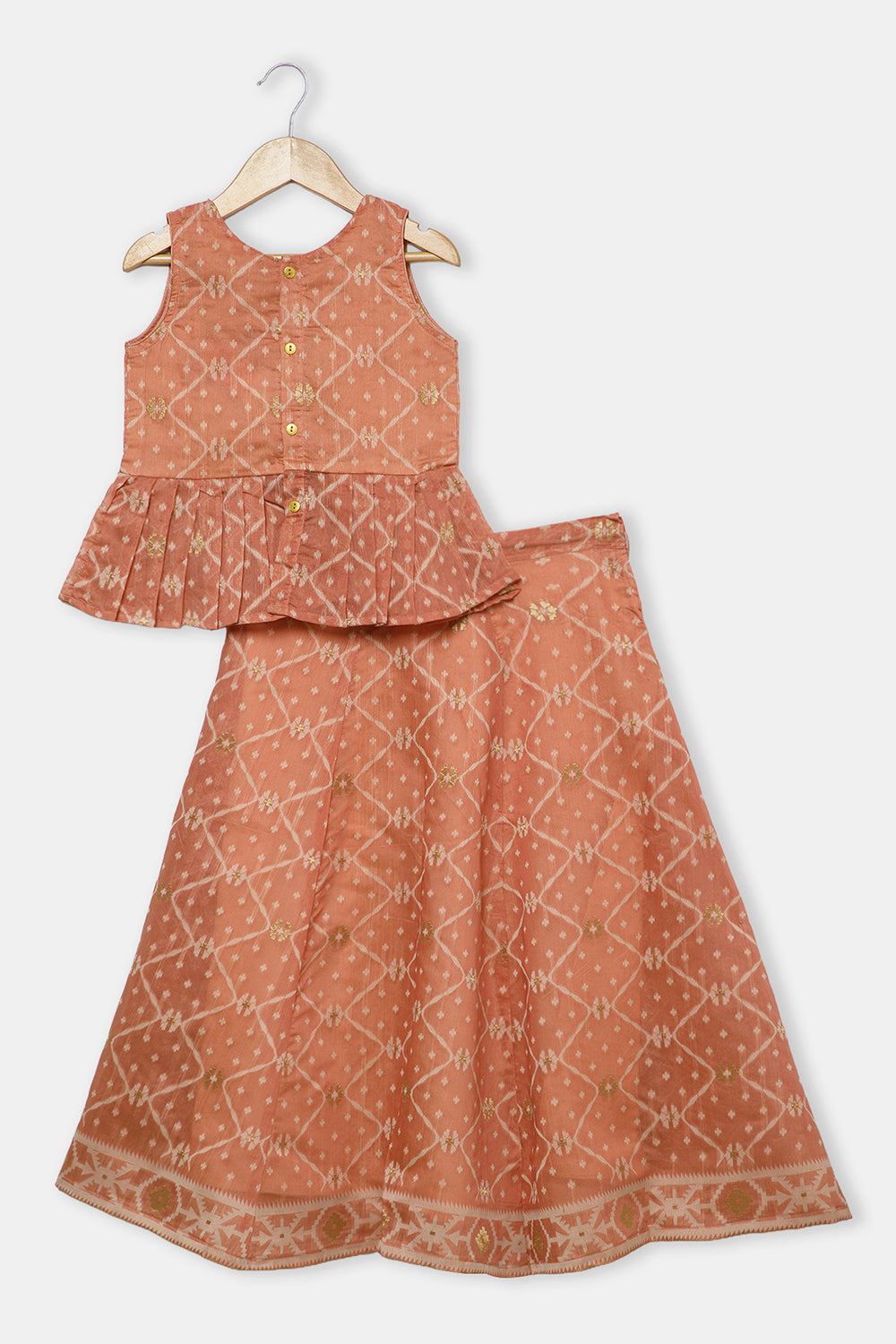 Chittythalli Girls’ Ethnic Pavadai Set – Chanderi Jamdani Peplum Top with Criss-Cross Cording & Kali Skirt | Traditional Festive Wear for Girls - PS91