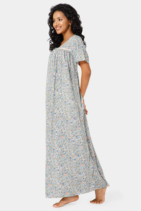 Naidu Hall Front Open Round Neck Short Sleeve Printed Nighty-Sky Blue - NT11