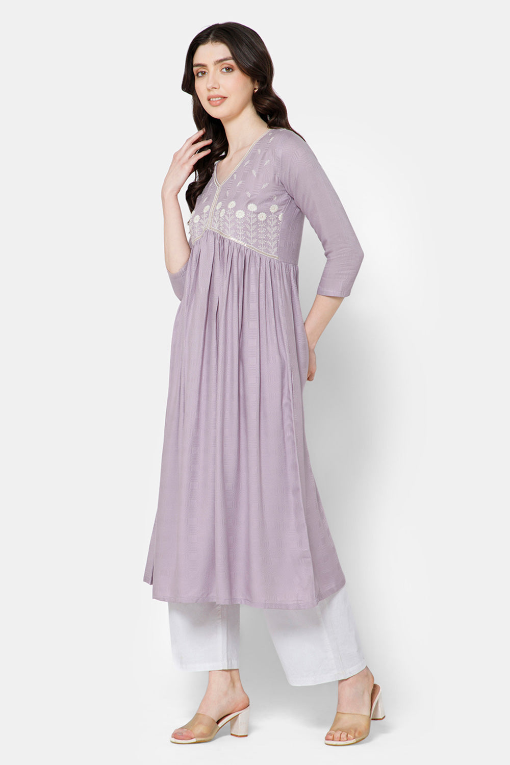 Mythri Women's Ethnic wear Kurthi with Elegant Lace Attachement At The Neckline - Purple - E079