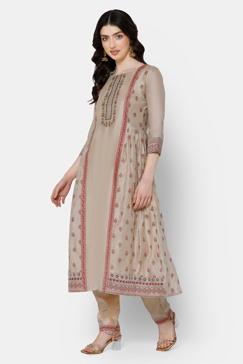 Mythri Panelled anarkali set with round neck and 3/4th sleeves  - Fawn - E001