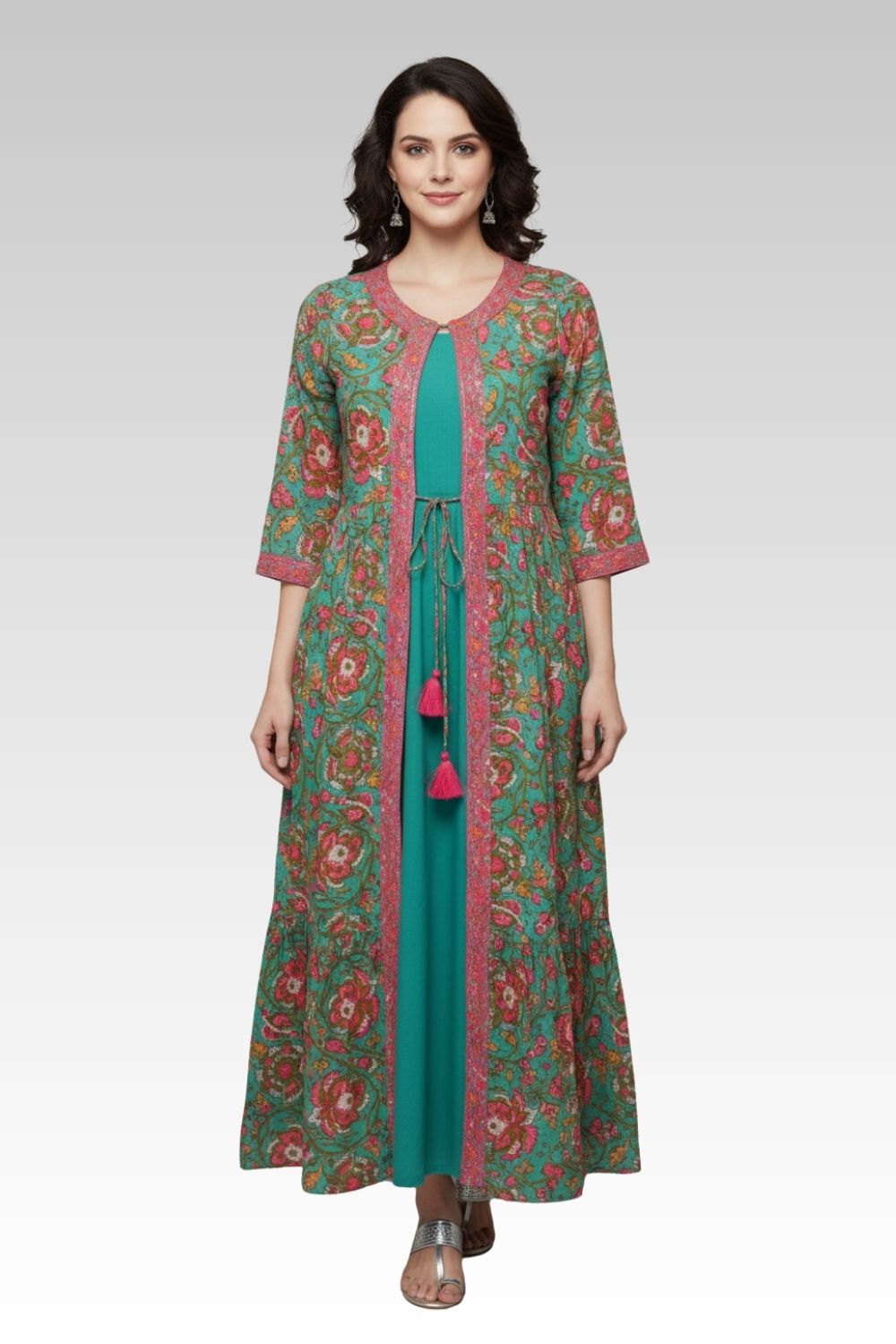 Mythri Women’s Layered Kurthi Set | Cotton Cambric Flared Inner with Printed Shrug & Tie-Up Detailing - Green - K105