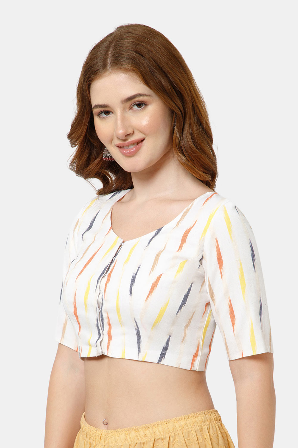 Naidu Hall Women’s Cotton Blouse | Woven U-Neck Ethnic Blouse with Elbow Sleeves & Front Closure - White - BU17