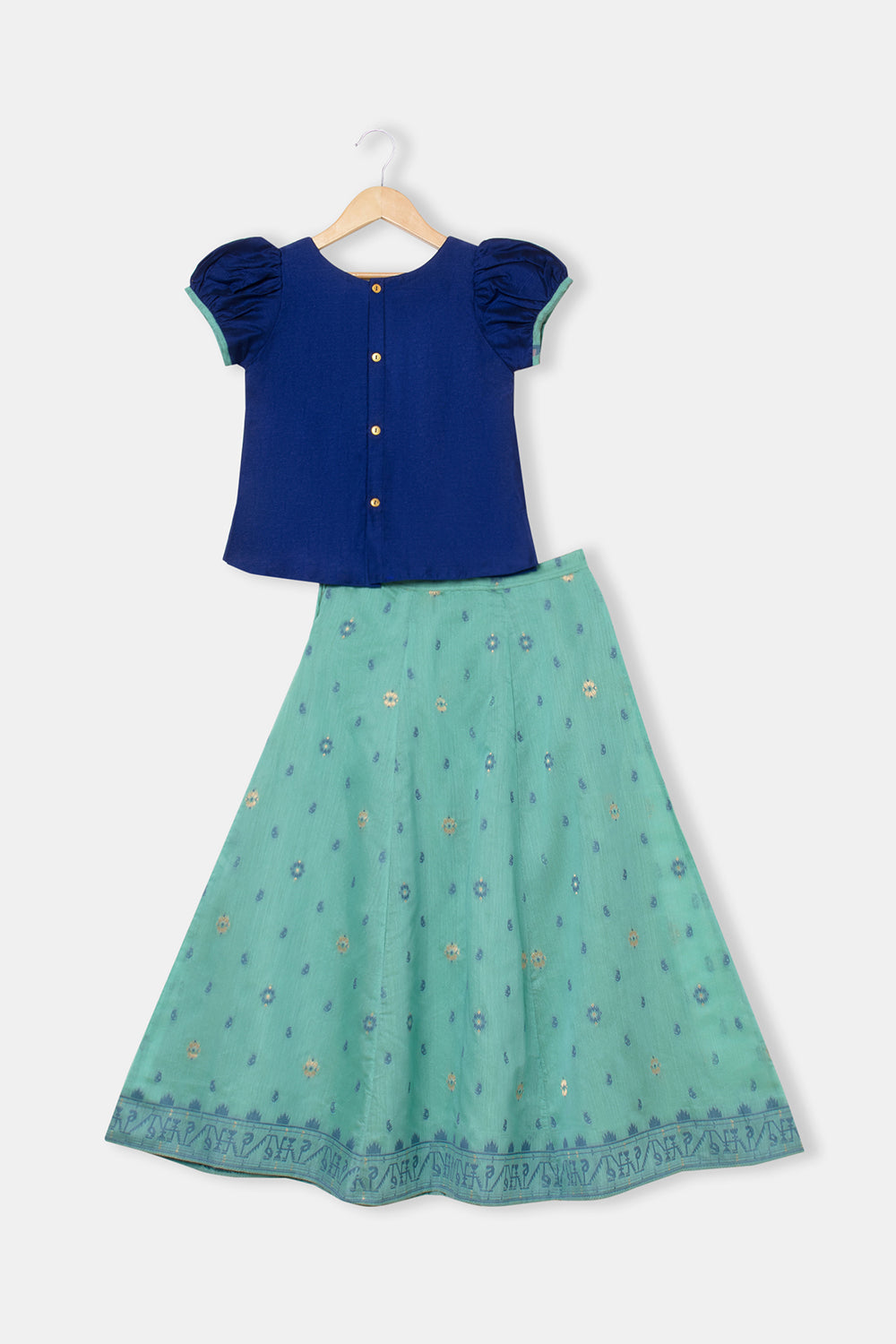 Chittythalli Girls Pavadai Set with Puff Sleeve Top & Embroidered Kali Skirt - Blue - PS76