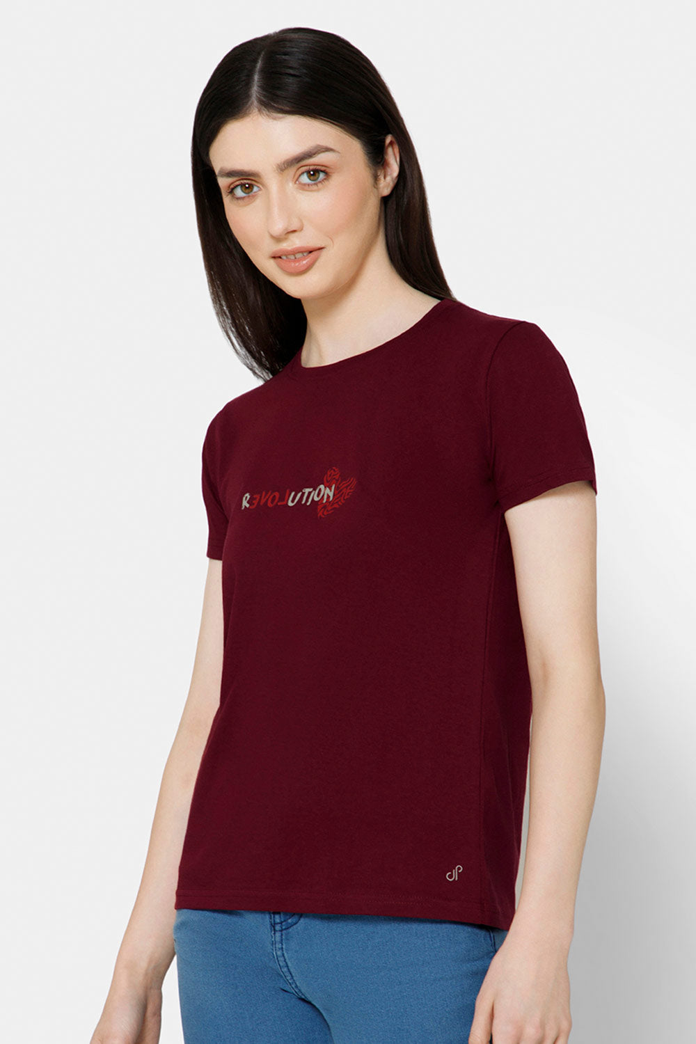Jusperf Women's Printed Crew Neck Casual T-Shirt - Maroon - TS33