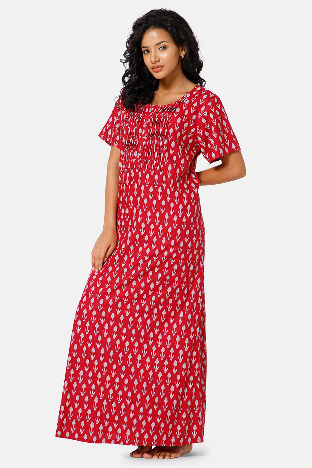 Naidu Hall Front Open Round Neck Short Sleeve Printed Nighty-Red - NT52