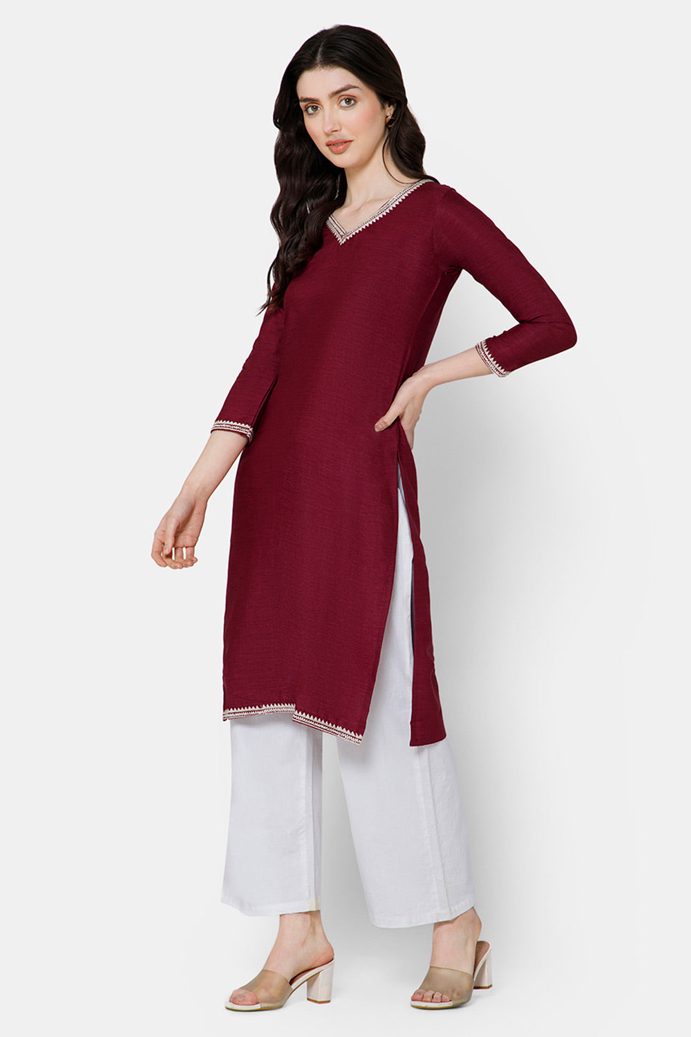 Mythri Women's Casual Kurthi with Minimalistic Embroidery At The Neckline - Red - E076