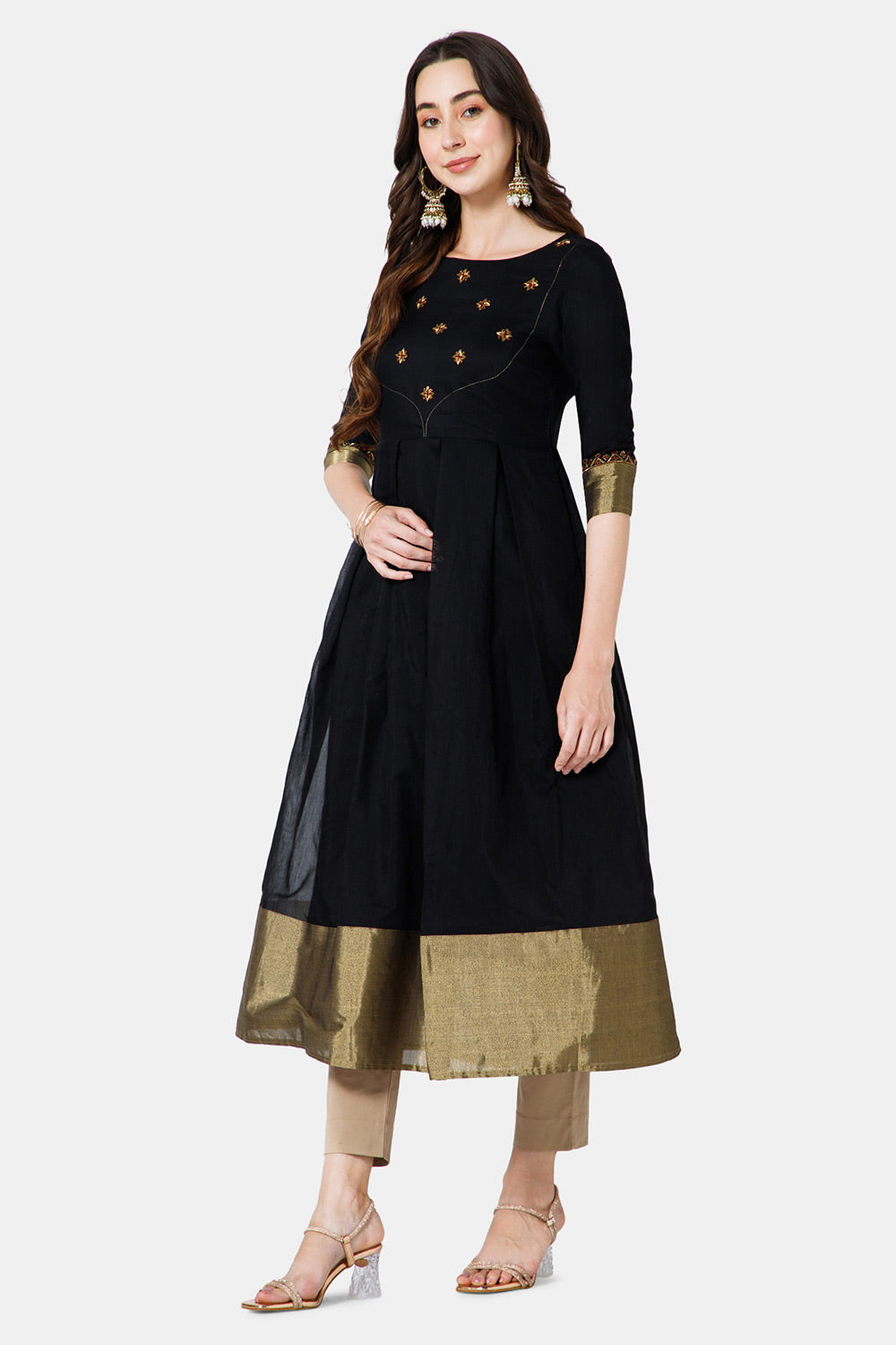 Plain Black Anarkali Flaired Suit with Floral Embroidery and Mirrors |  Exotic India Art