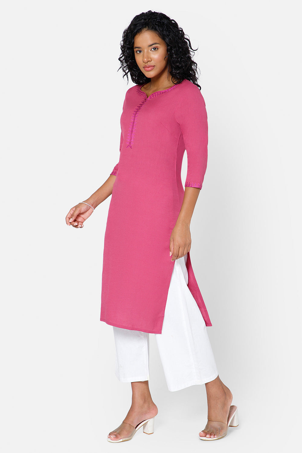 Mythri Women's Casual Kurthi with Sweetheart Neck 3/4th Sleeves - Pink - KU47