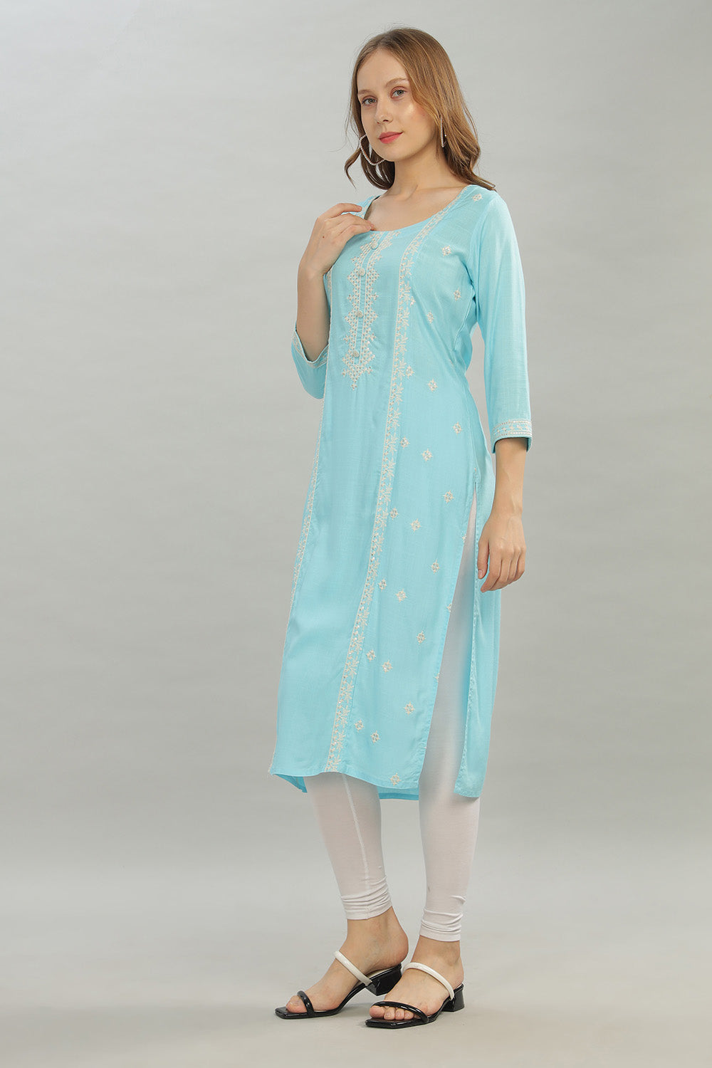 Mythri Round Neck Straight Cut Kurta with 3/4 Sleeves - Light Blue - KU41