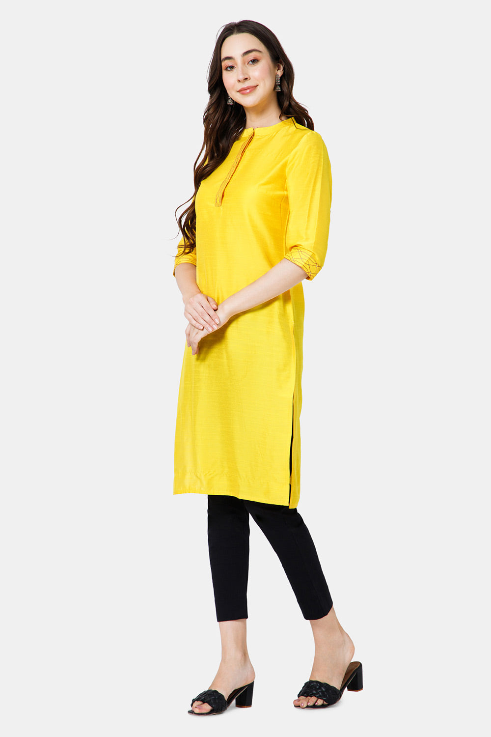 Mythri Women's Ethnic Wear Mandarin collar 3/4 sleeve straight cut Kurti - Yellow - KU43