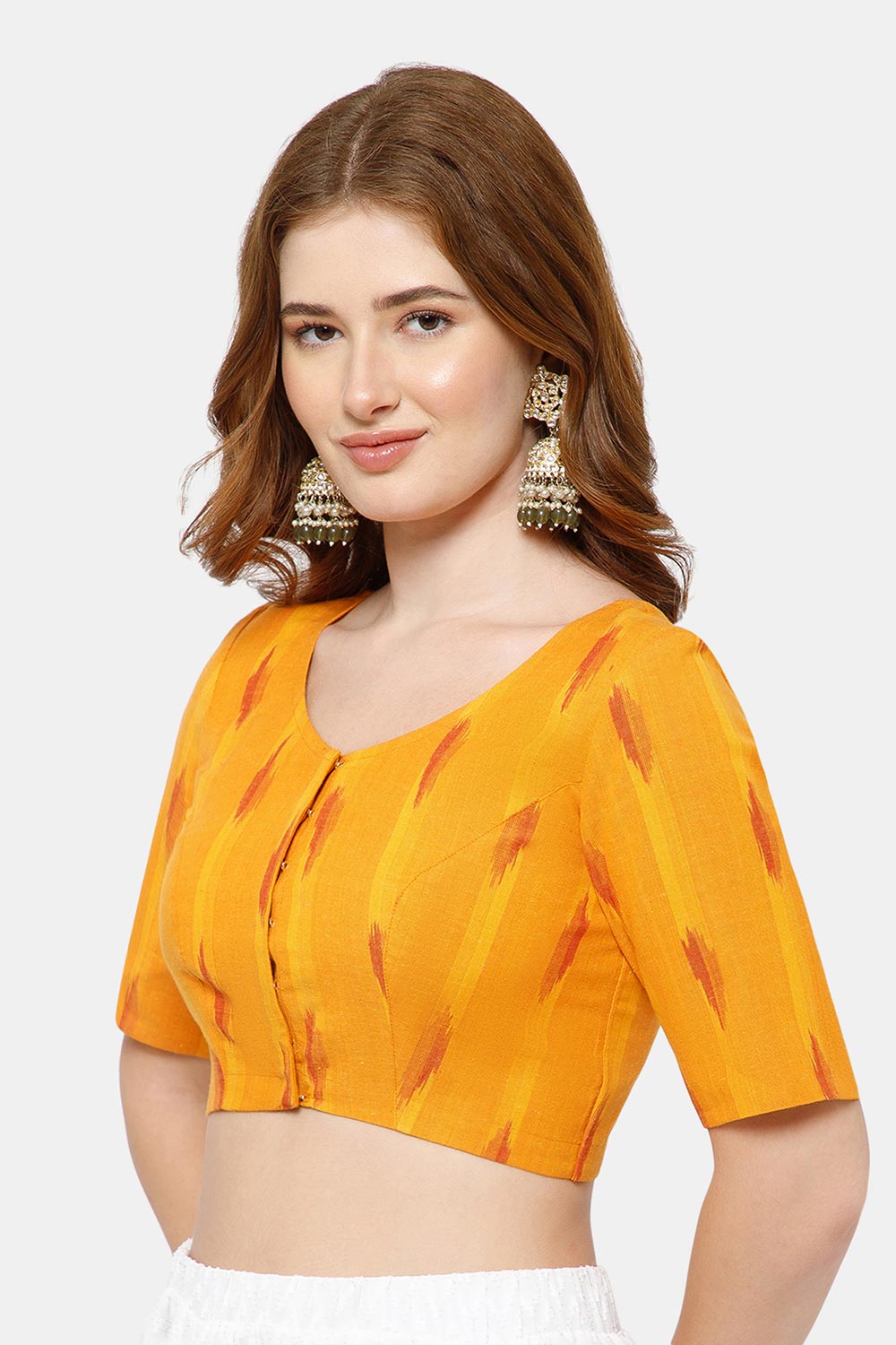 Naidu Hall Women’s Cotton Blouse | Woven U-Neck Ethnic Blouse with Elbow Sleeves & Front Closure - Orange - BU17