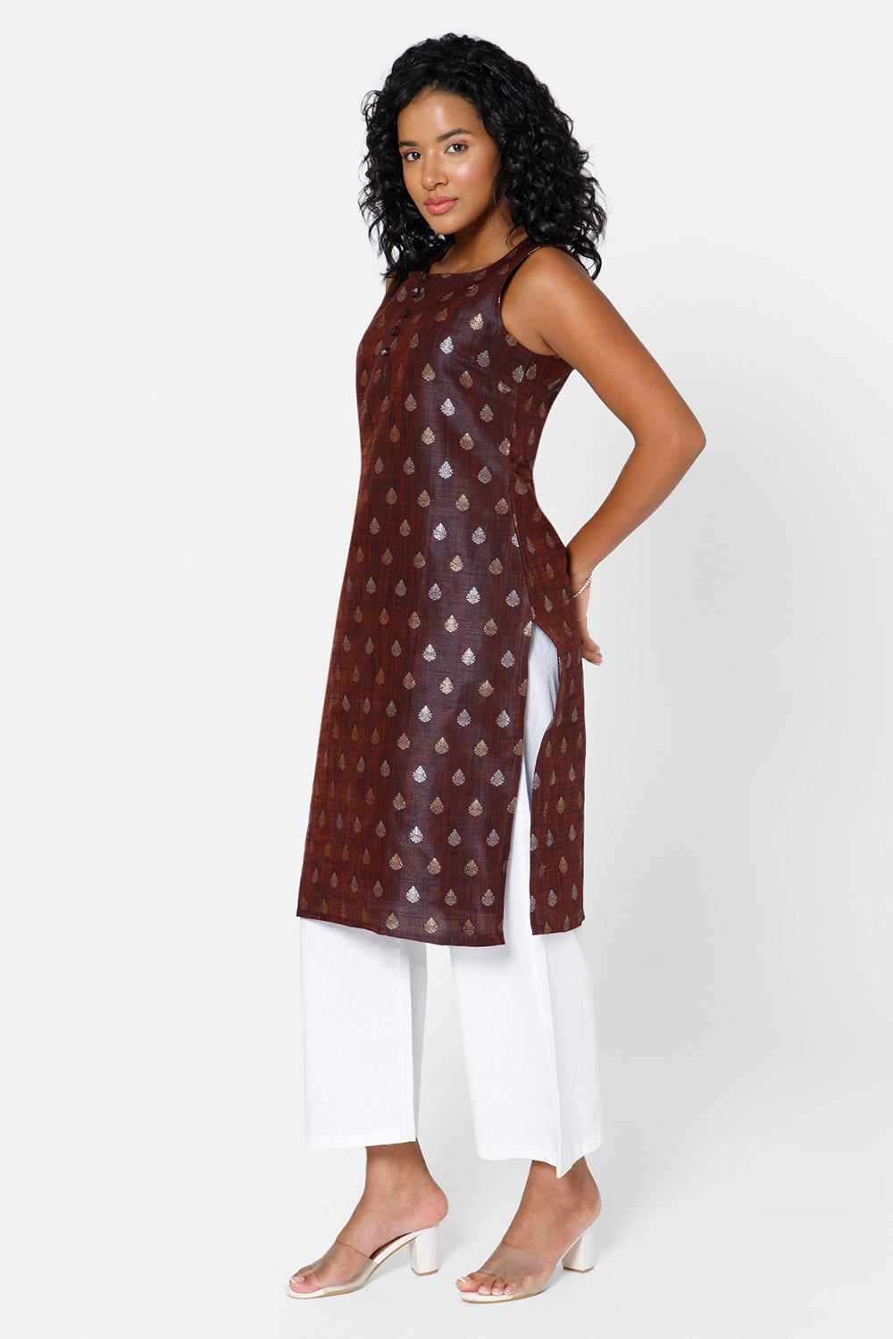 Mythri Women's Square Round Neck Sleeveless Casual Kurthi with Attachable Sleeves - Brown - KU33