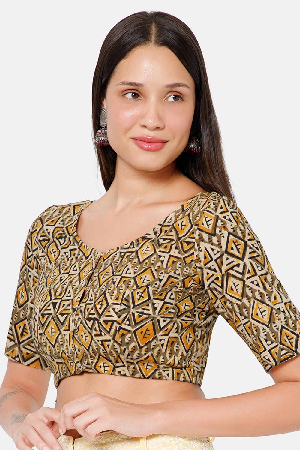 Naidu Hall Women’s Blouse Cotton Kalamkari Padded Front Open U Neck Princess Cut Elbow Sleeve Saree Blouse - Green - BU17