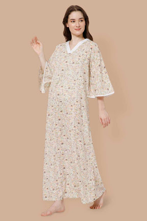 Naidu Hall V Neck Printed Nighty with Long Bell Sleeves - Purple - NT40