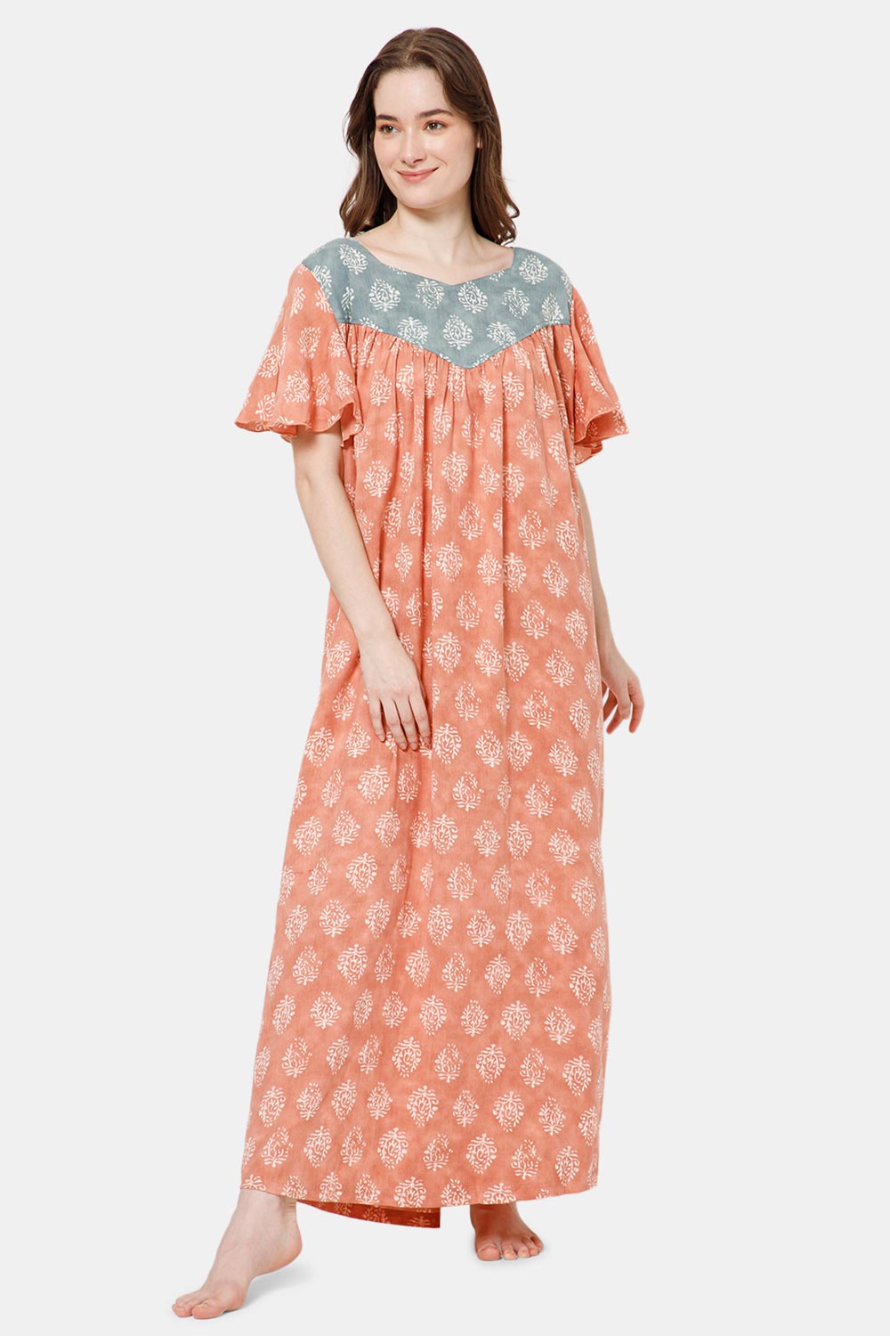 Naidu Hall All Over Printed Nighty with Butterfly Sleeves Diamond Neck - Peach - NT37