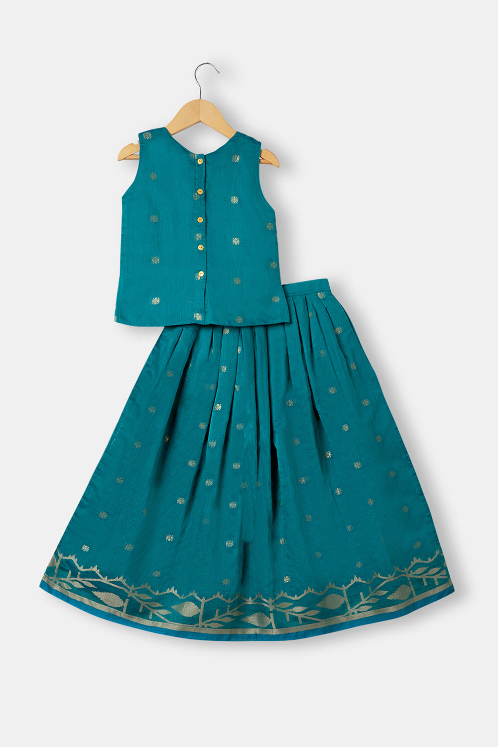 Chittythalli Girls Ethnic Pavadai Set Round Neck with Hand Embroidery Sleeveless Top with Box Pleat Skirt - Teal Green - PS71