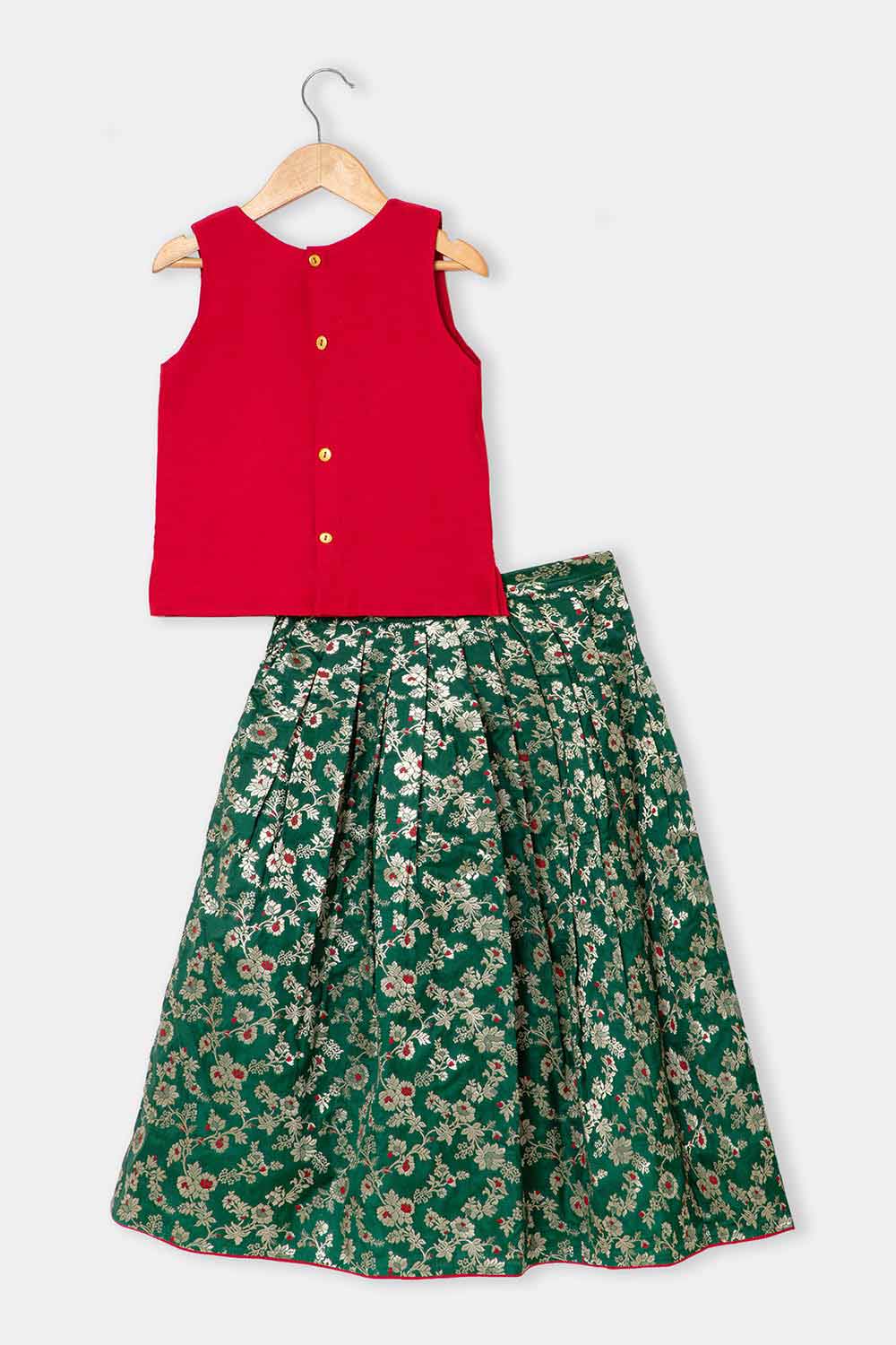 Chittythalli Girls Pavadai Set – Cotton Blouse with Brocade Collar & Zari Embroidery, Box Pleated Skirt - Red - PS80